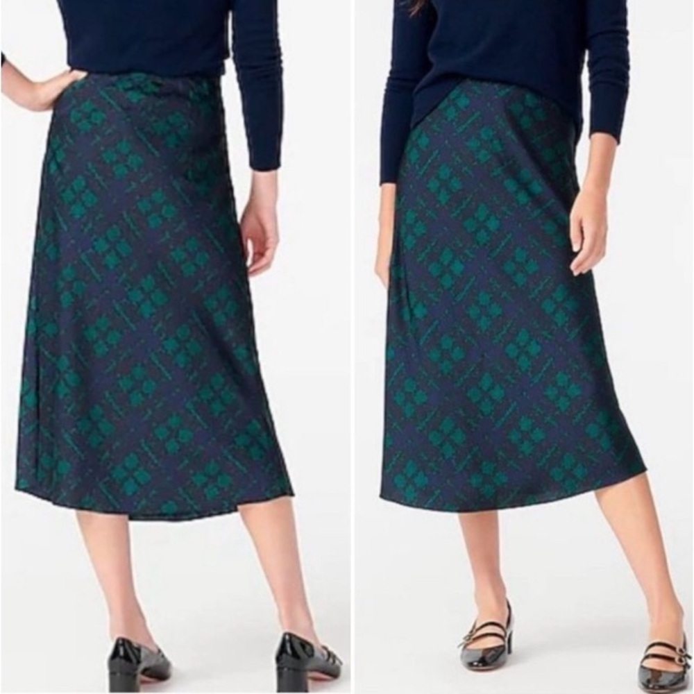 J. Crew Pull-On Matte Satin Slip Midi Skirt Black Watch Tartan S Preppy Academia
